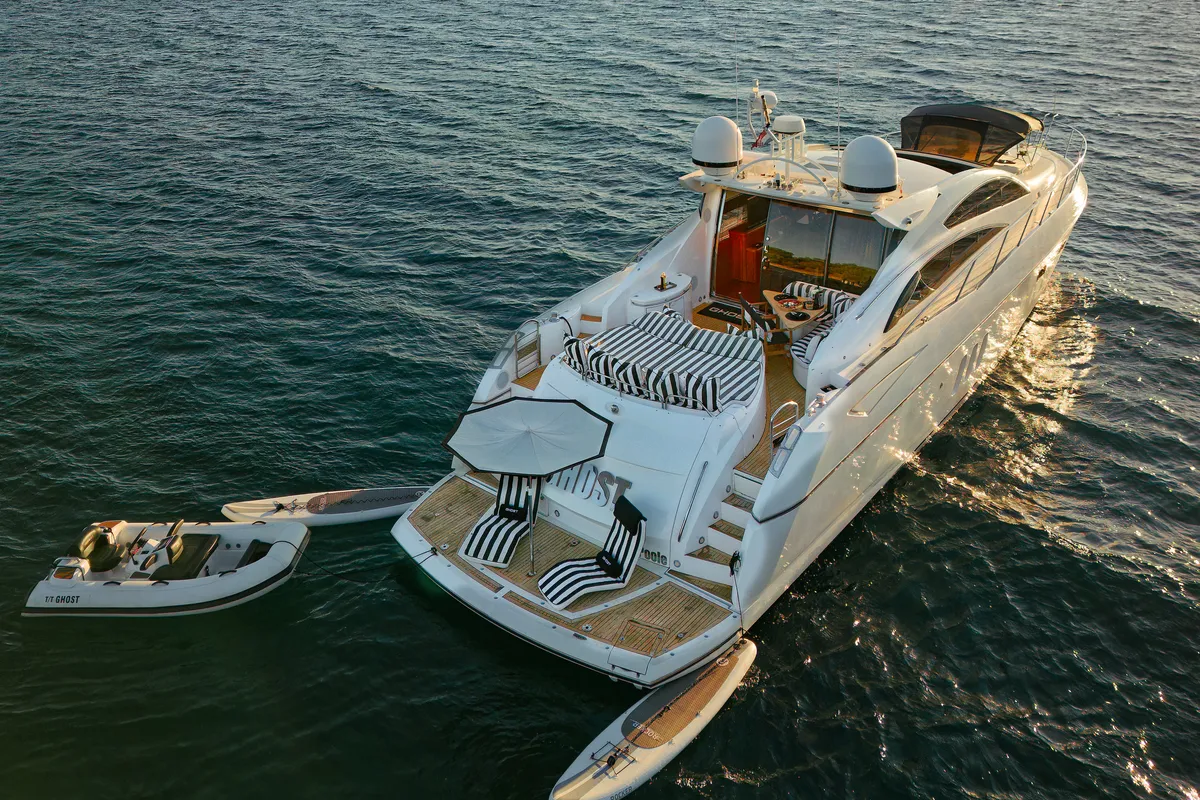 Exterior view of Ghost, a Sunseeker Predator 72 motor yacht at Grad Kaštela, Croatia