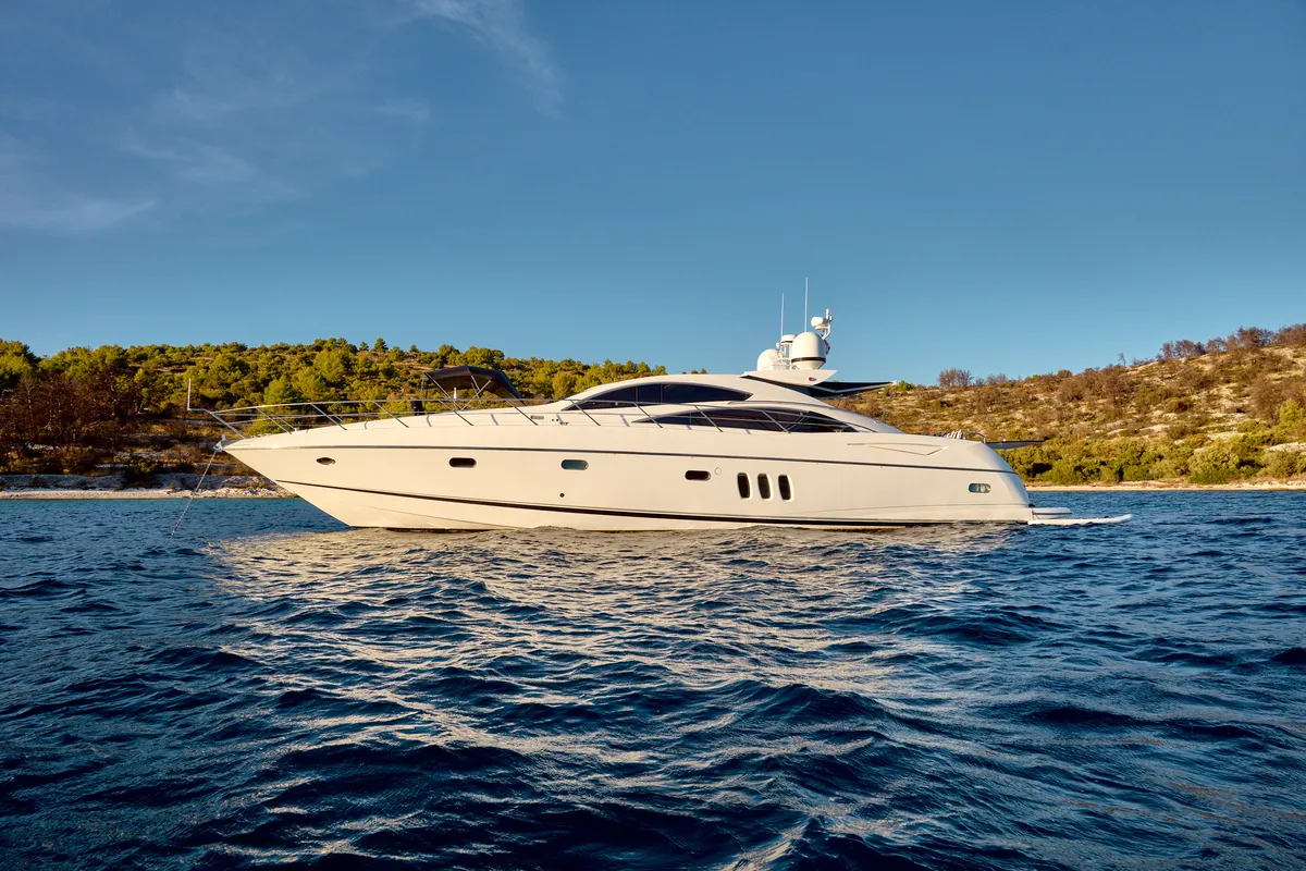 Exterior view of Ghost, a Sunseeker Predator 72 motor yacht at Grad Kaštela, Croatia