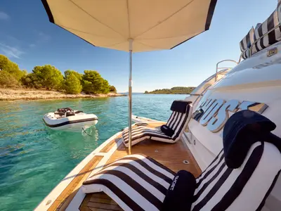Deck of Ghost, a Sunseeker Predator 72 motor yacht at Kaštela, Croatia