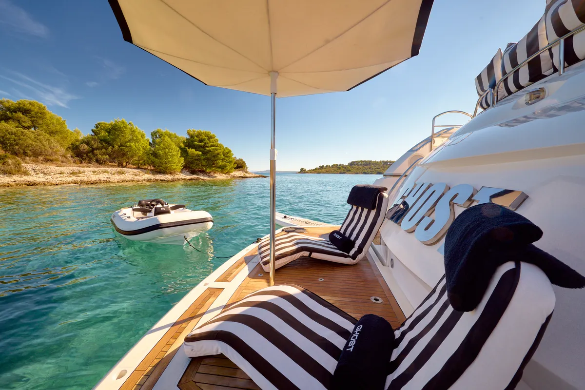 Deck of Ghost, a Sunseeker Predator 72 motor yacht at Grad Kaštela, Croatia
