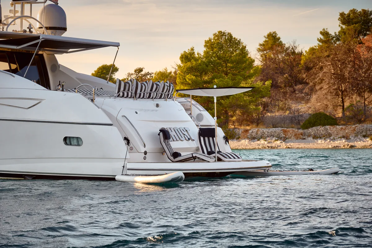 Deck of Ghost, a Sunseeker Predator 72 motor yacht at Grad Kaštela, Croatia