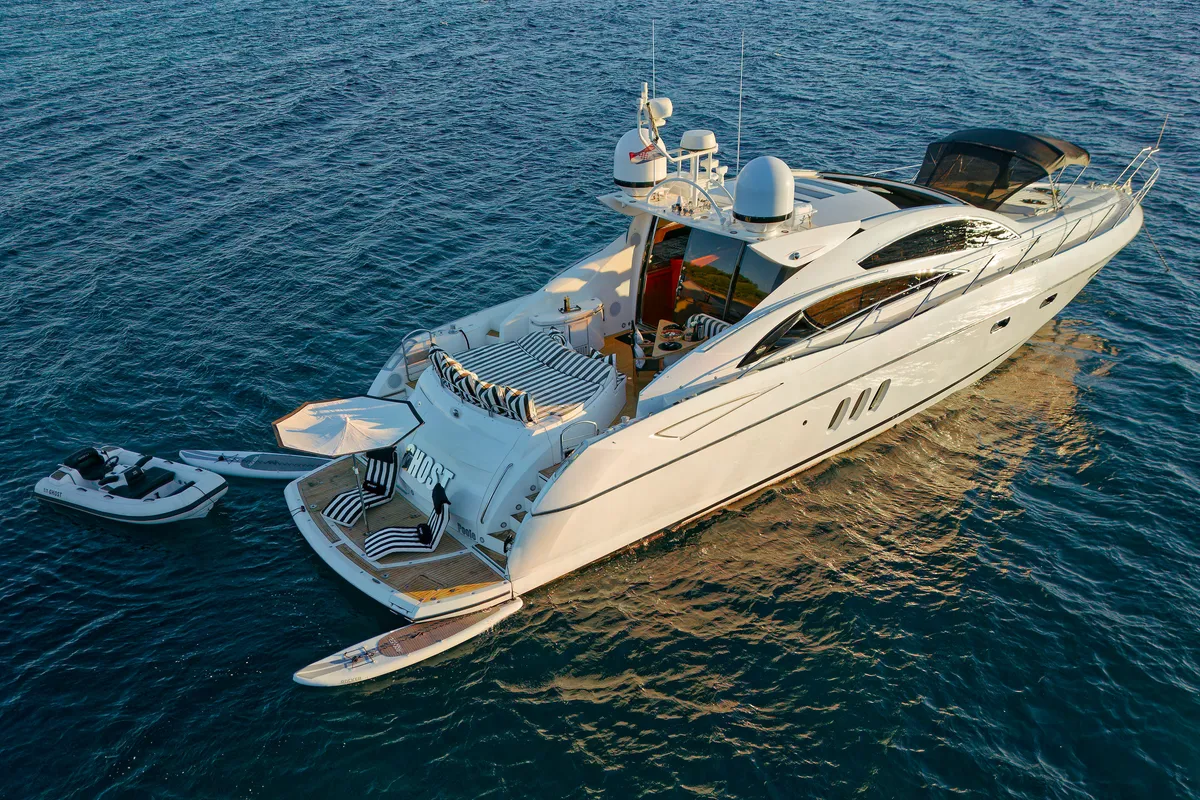 Exterior view of Ghost, a Sunseeker Predator 72 motor yacht at Grad Kaštela, Croatia