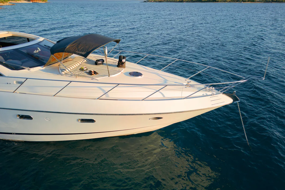 Exterior view of Ghost, a Sunseeker Predator 72 motor yacht at Grad Kaštela, Croatia