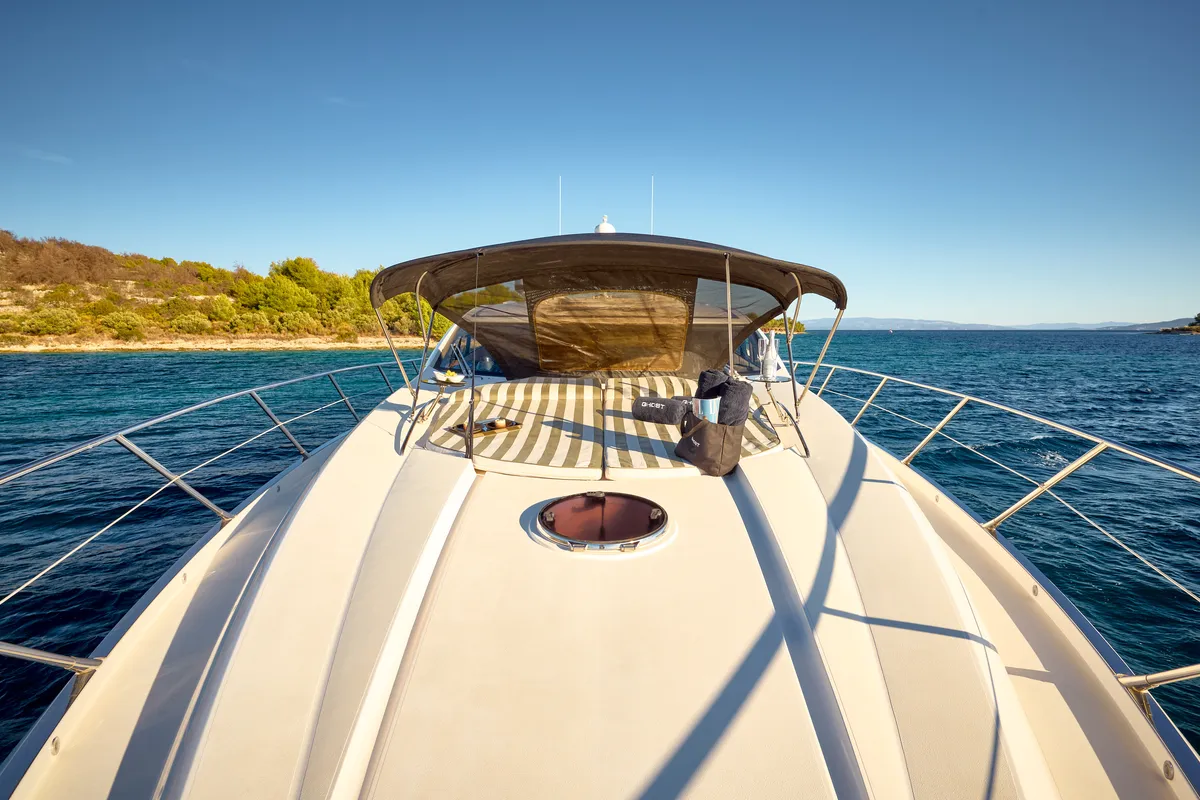 Exterior view of Ghost, a Sunseeker Predator 72 motor yacht at Grad Kaštela, Croatia