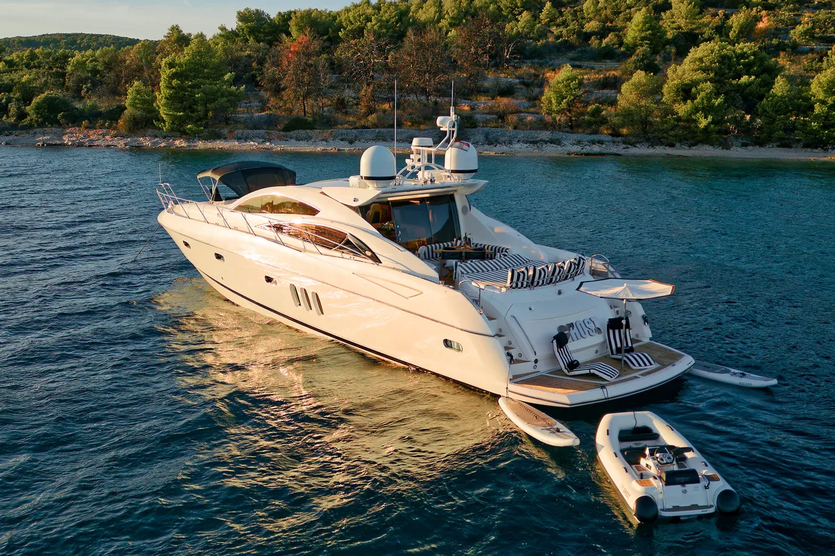 Exterior view of Ghost, a Sunseeker Predator 72 motor yacht at Grad Kaštela, Croatia