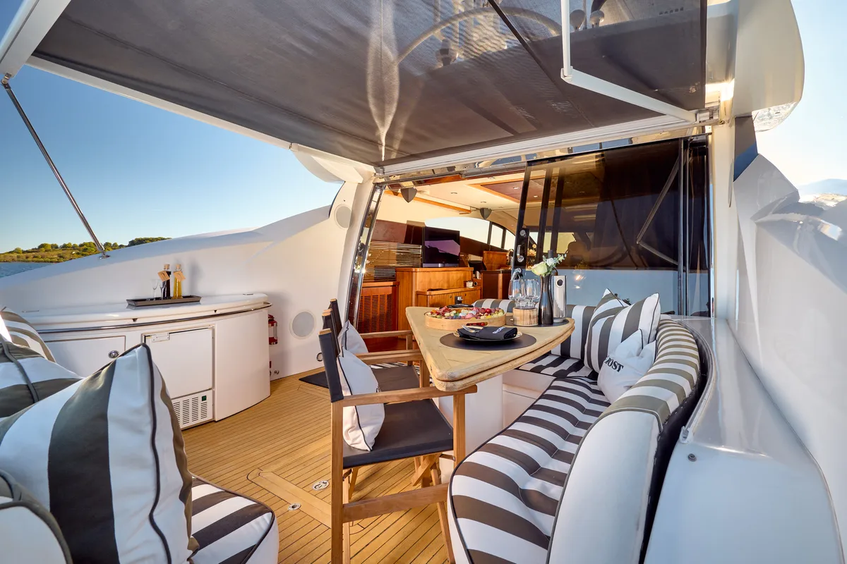 Deck of Ghost, a Sunseeker Predator 72 motor yacht at Grad Kaštela, Croatia