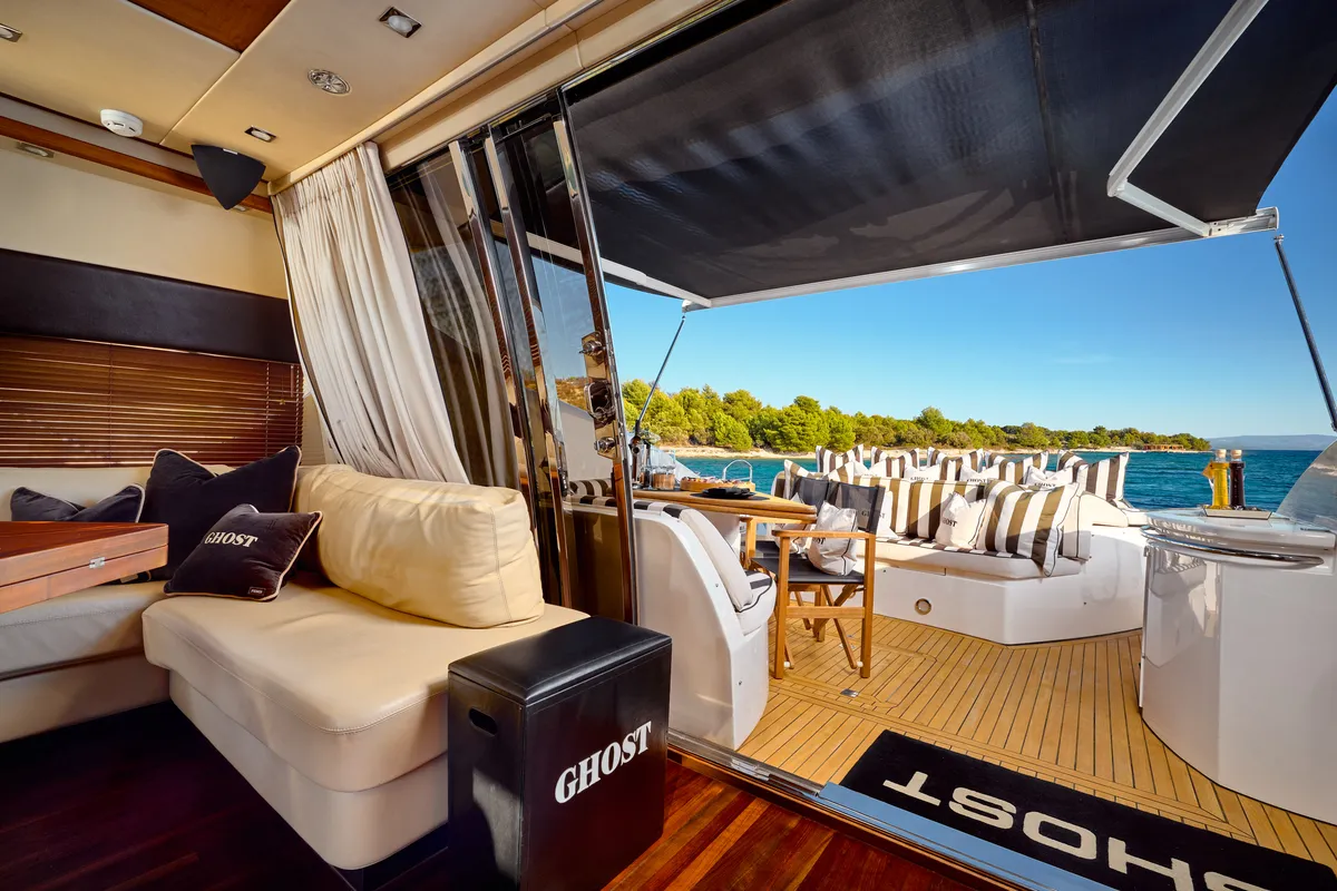 Salon of Ghost, a Sunseeker Predator 72 motor yacht at Grad Kaštela, Croatia
