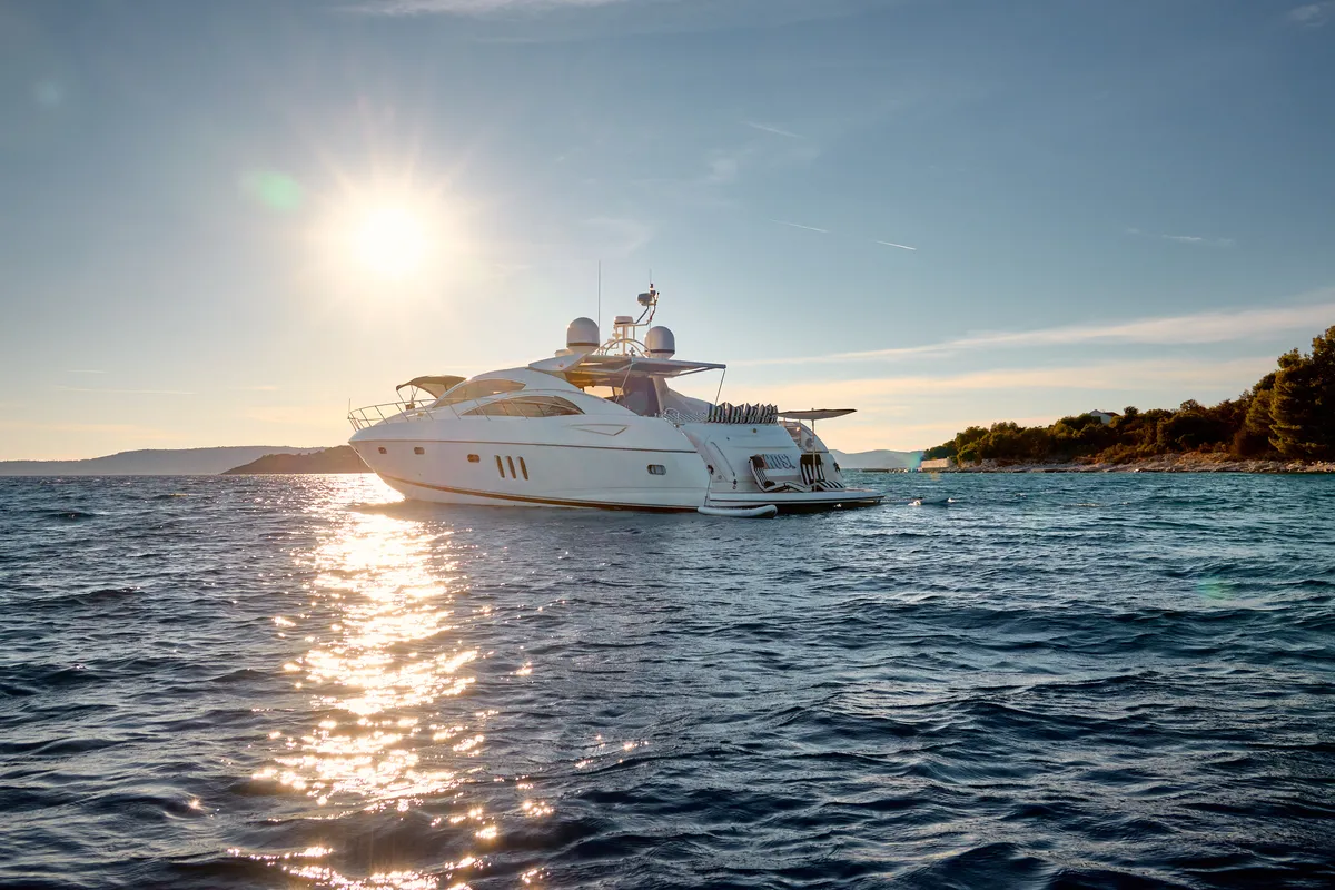 Exterior view of Ghost, a Sunseeker Predator 72 motor yacht at Grad Kaštela, Croatia