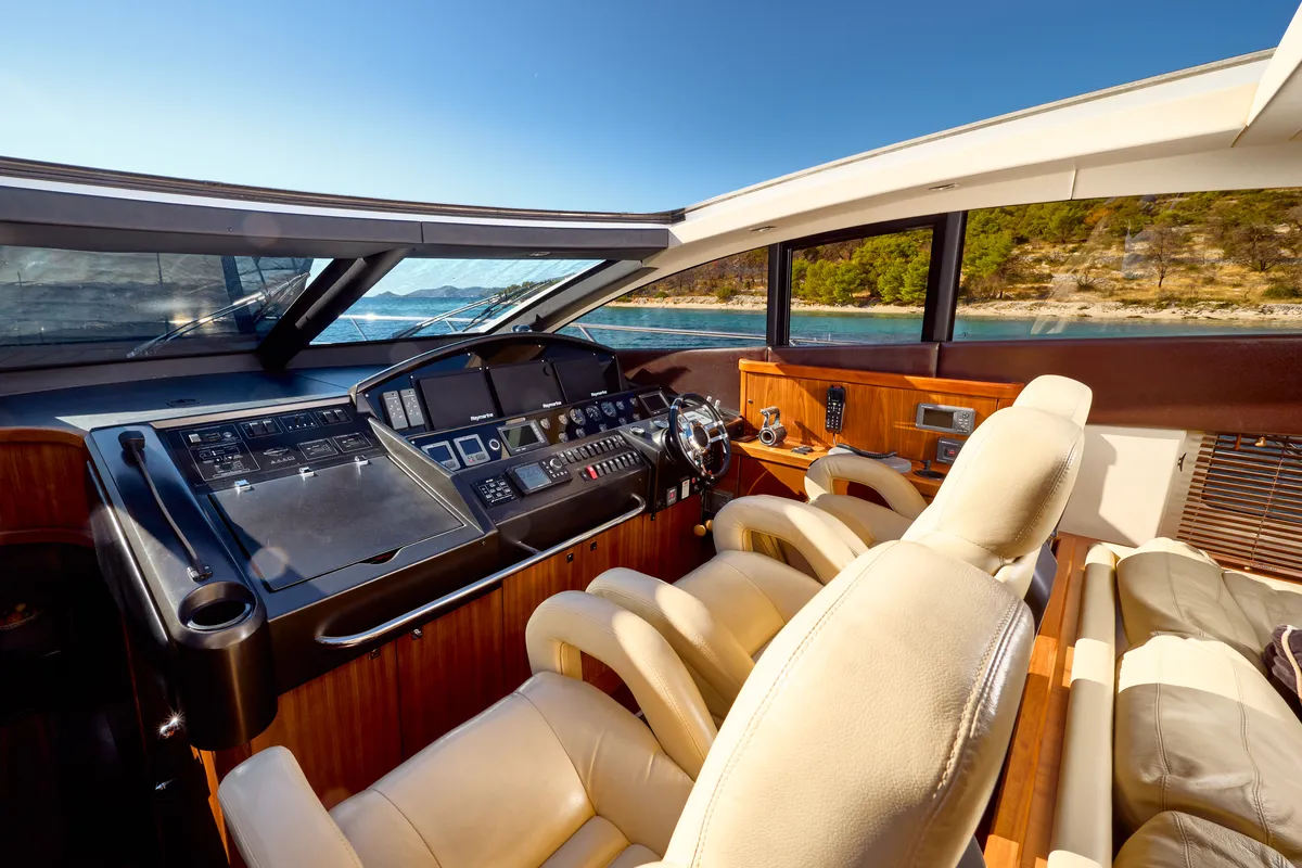 Cockpit of Ghost, a Sunseeker Predator 72 motor yacht at Grad Kaštela, Croatia