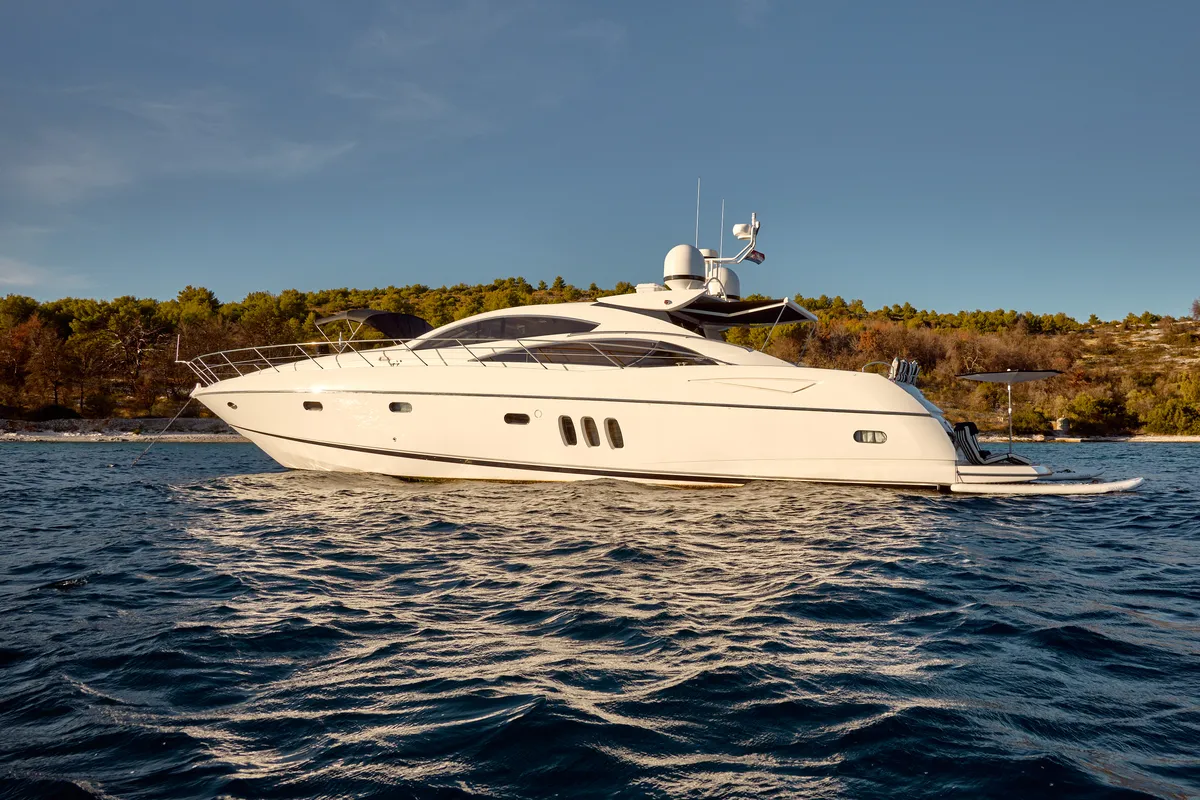 Exterior view of Ghost, a Sunseeker Predator 72 motor yacht at Grad Kaštela, Croatia