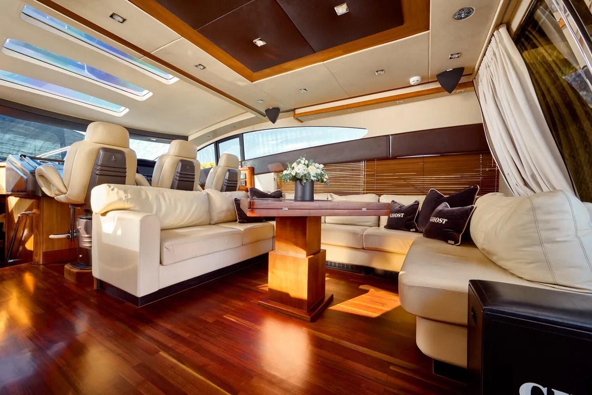 Salon of Ghost, a Sunseeker Predator 72 motor yacht at Grad Kaštela, Croatia