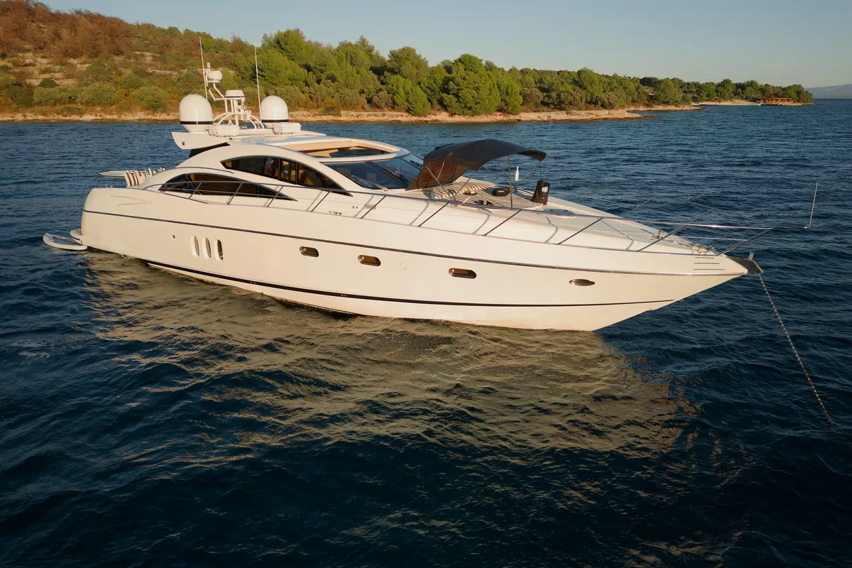 Exterior view of Ghost, a Sunseeker Predator 72 motor yacht at Grad Kaštela, Croatia