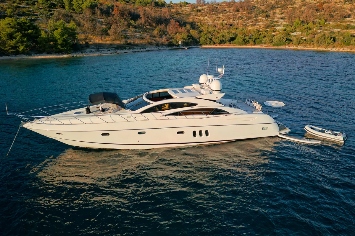 Exterior view of Ghost, a Sunseeker Predator 72 motor yacht at Grad Kaštela, Croatia