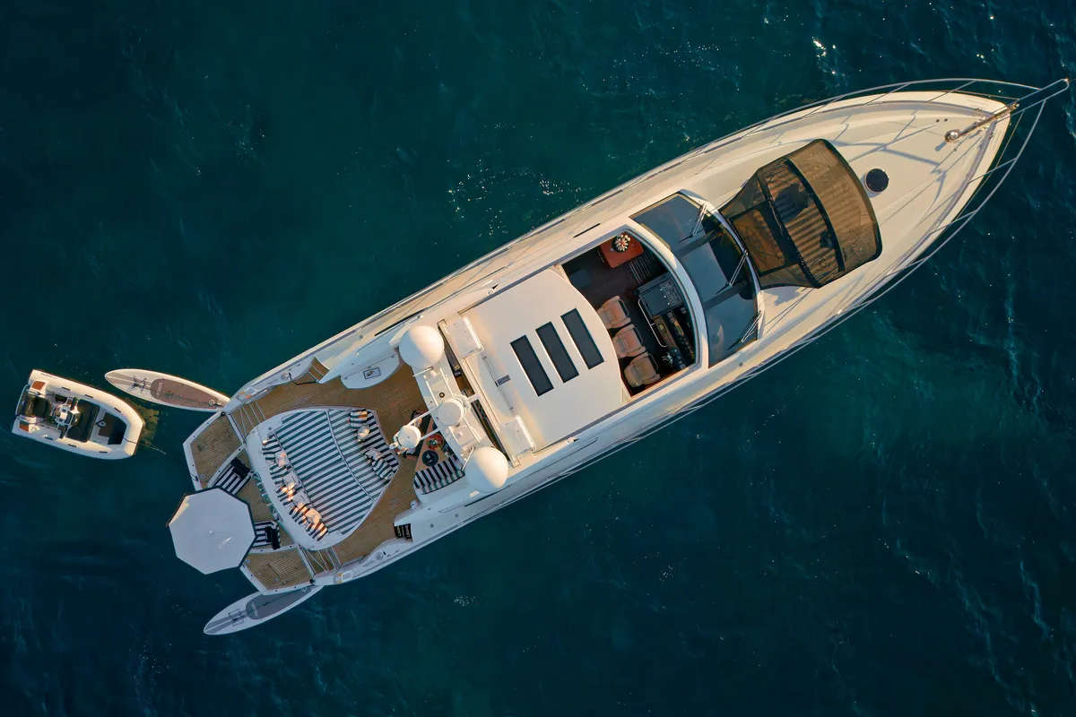 Exterior view of Ghost, a Sunseeker Predator 72 motor yacht at Grad Kaštela, Croatia