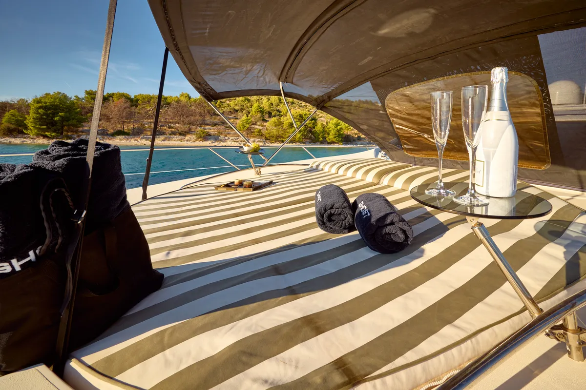 Deck of Ghost, a Sunseeker Predator 72 motor yacht at Grad Kaštela, Croatia