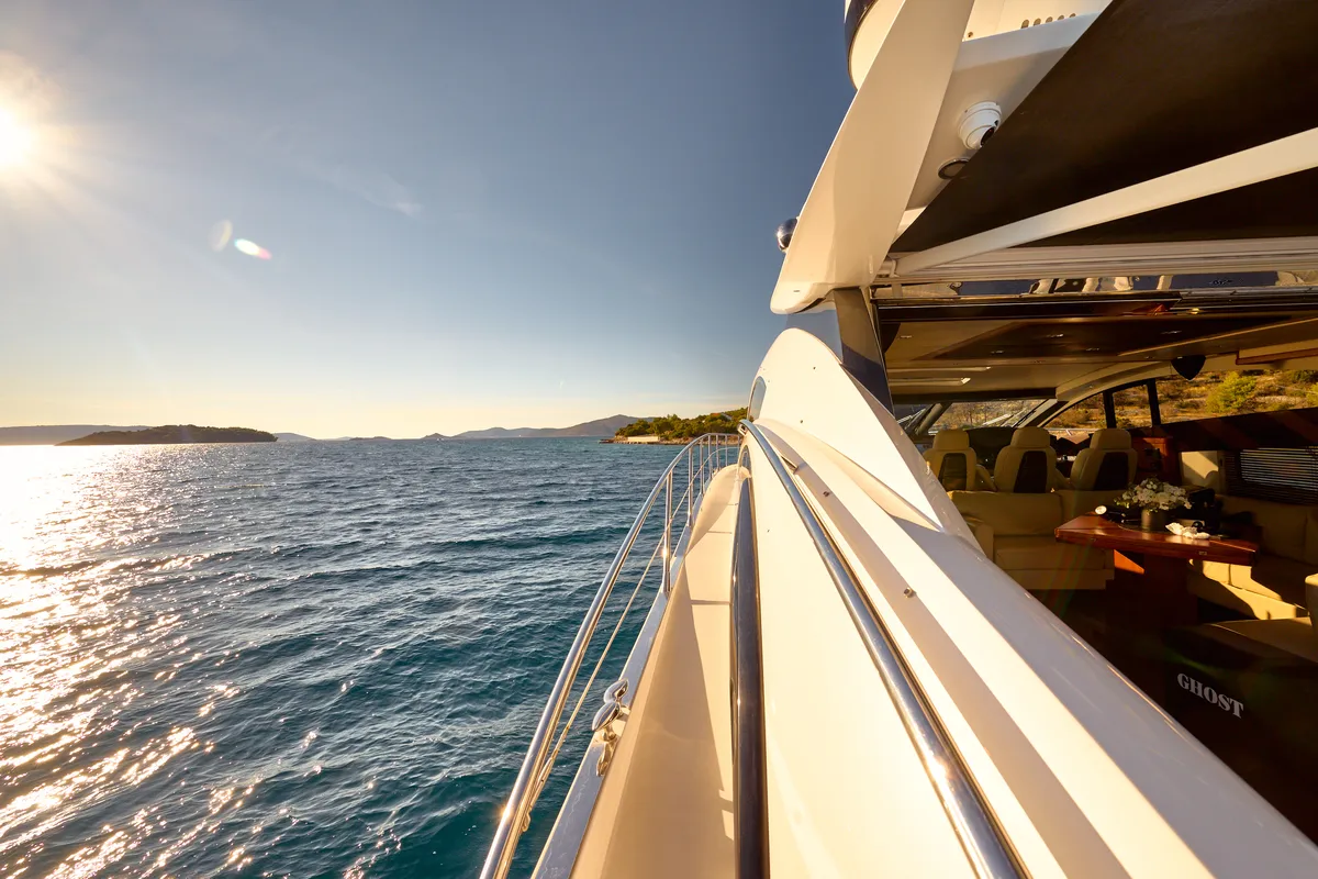 Deck of Ghost, a Sunseeker Predator 72 motor yacht at Grad Kaštela, Croatia