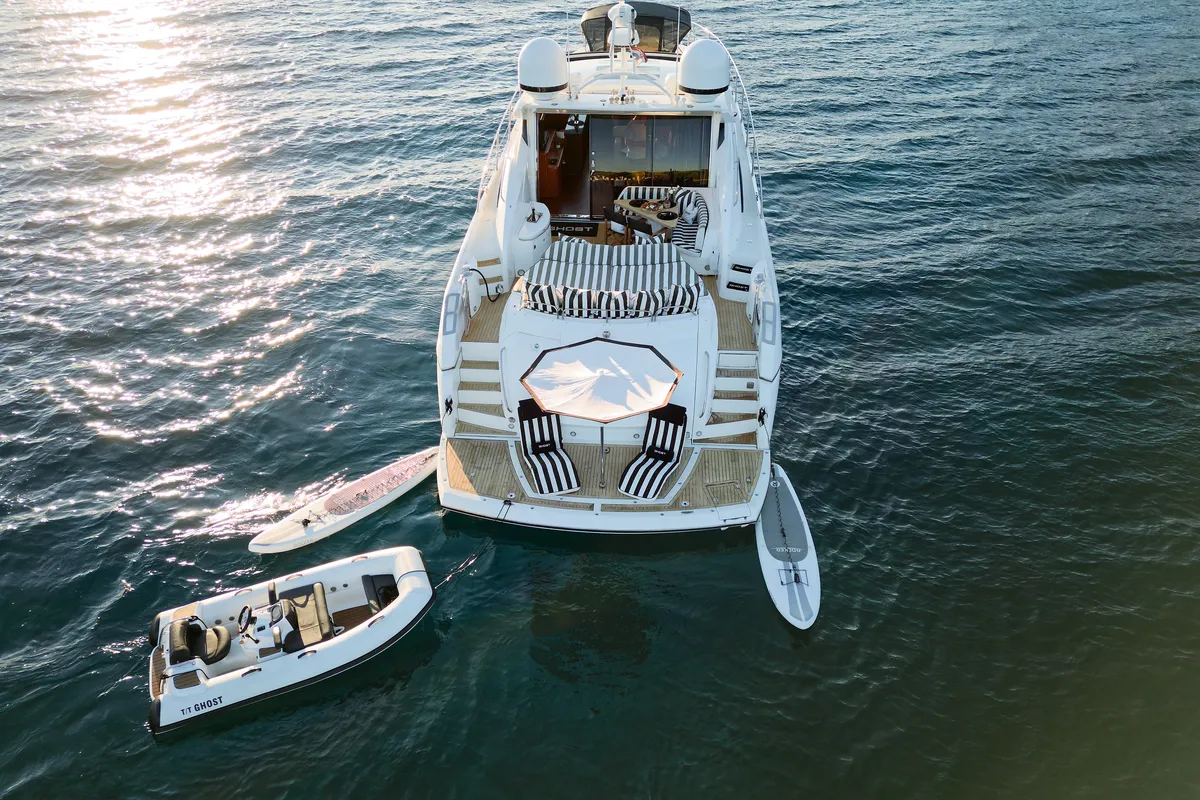 Exterior view of Ghost, a Sunseeker Predator 72 motor yacht at Grad Kaštela, Croatia