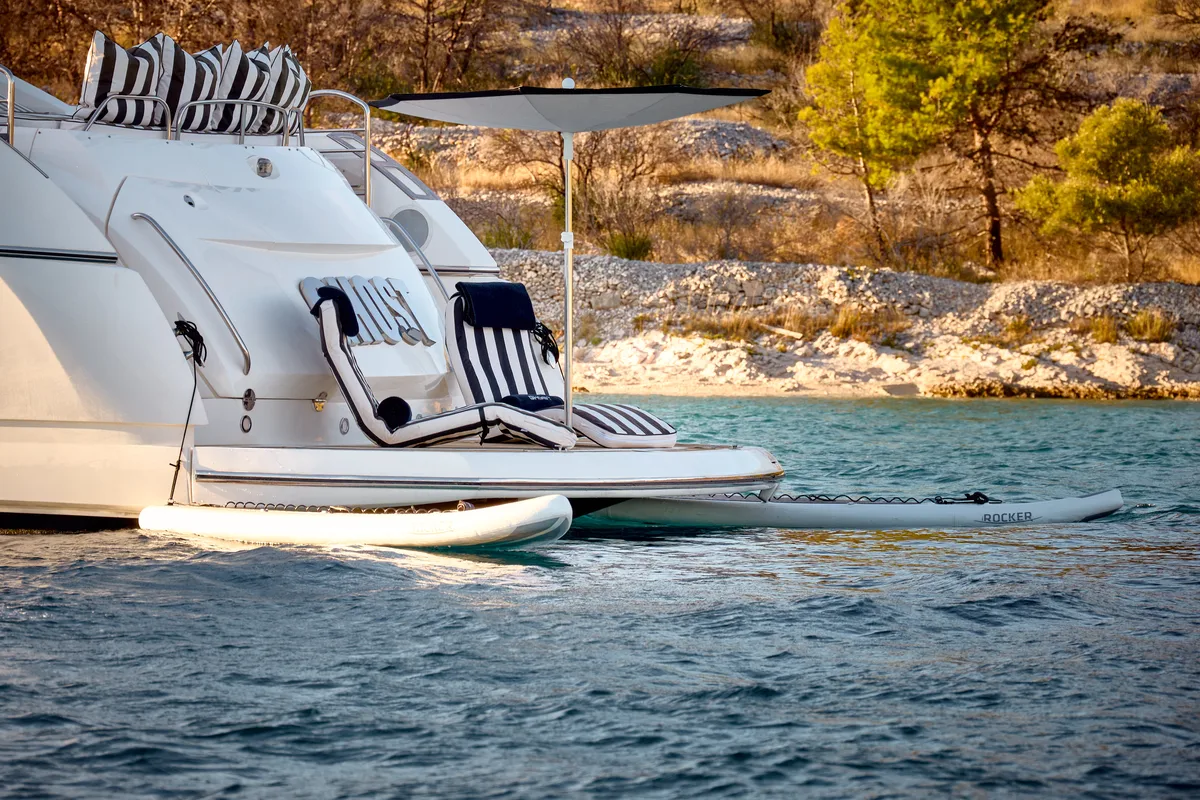 Exterior view of Ghost, a Sunseeker Predator 72 motor yacht at Grad Kaštela, Croatia