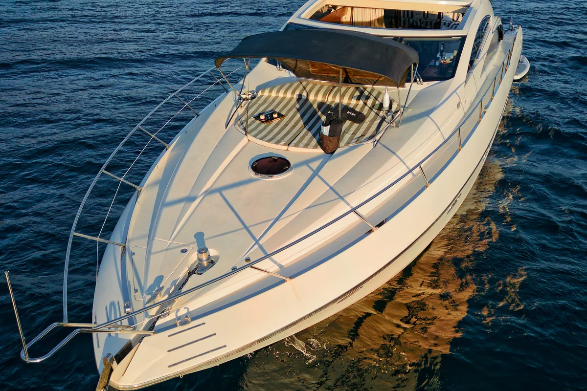 Exterior view of Ghost, a Sunseeker Predator 72 motor yacht at Grad Kaštela, Croatia