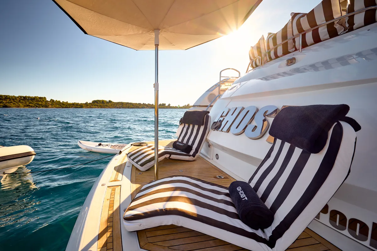 Deck of Ghost, a Sunseeker Predator 72 motor yacht at Grad Kaštela, Croatia