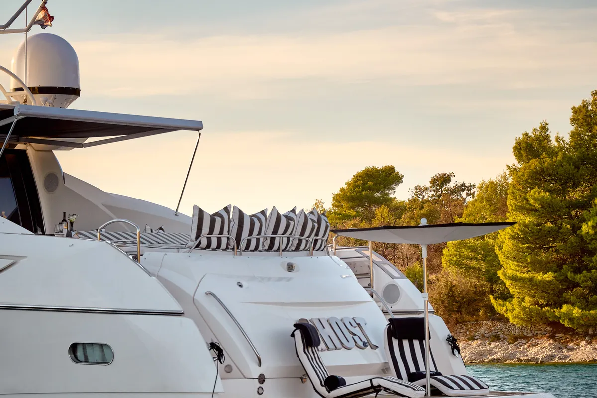 Exterior view of Ghost, a Sunseeker Predator 72 motor yacht at Grad Kaštela, Croatia