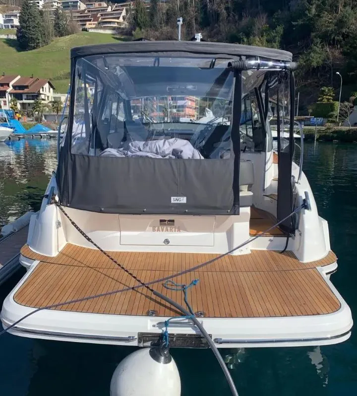 Exterior view of Coco, a Bavaria Sport 36 HT motorboat at Yerseke, Netherlands