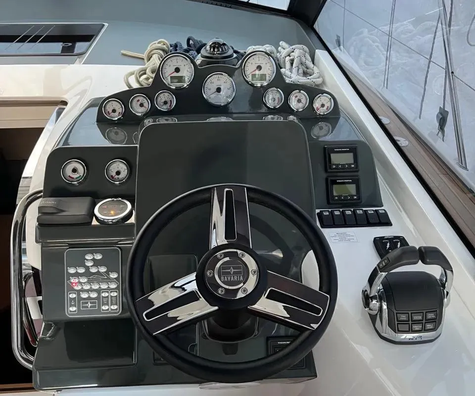 Cockpit of Coco, a Bavaria Sport 36 HT motorboat at Yerseke, Netherlands
