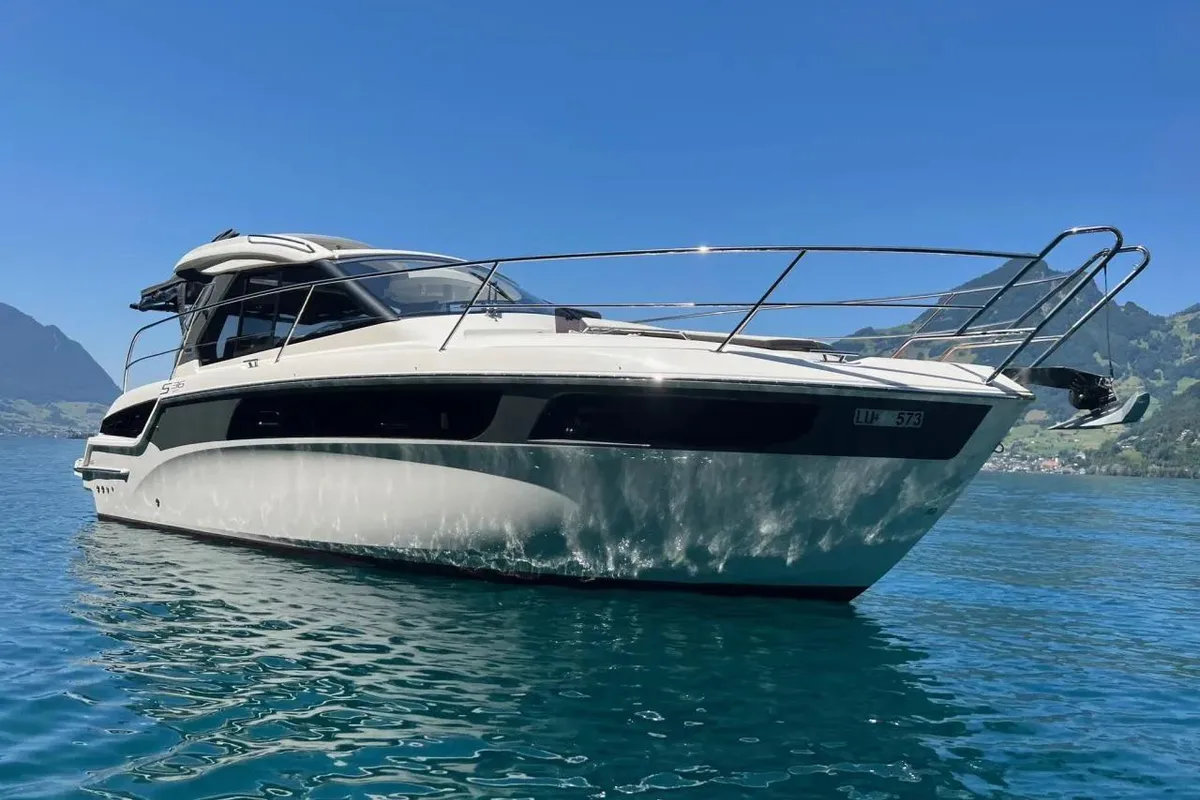 Exterior view of Coco, a Bavaria Sport 36 HT motorboat at Yerseke, Netherlands