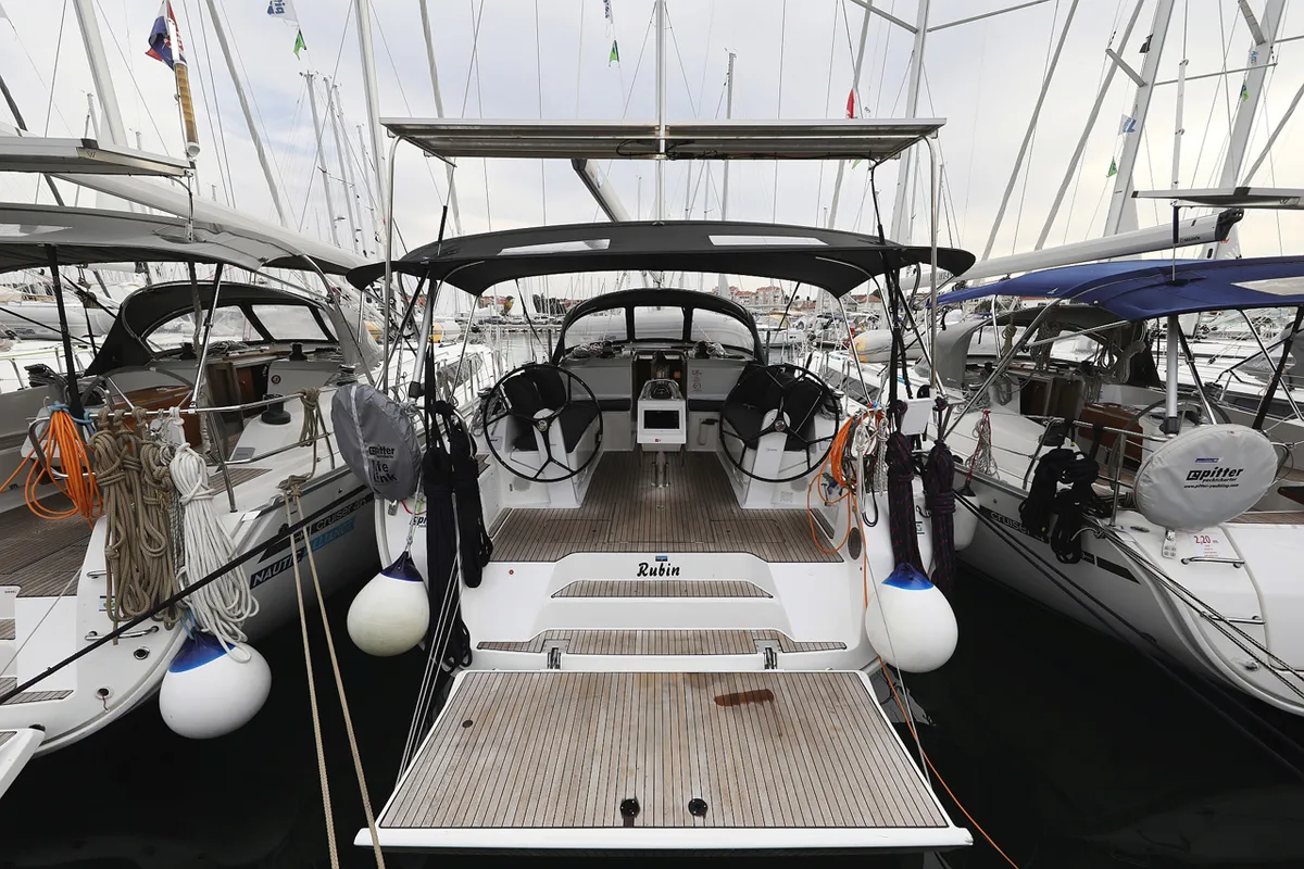 Exterior view of Rubin, a Bavaria Cruiser 46 sailboat at Grad Biograd na Moru, Croatia