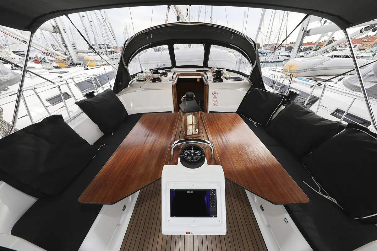 Deck of Rubin, a Bavaria Cruiser 46 sailboat at Grad Biograd na Moru, Croatia