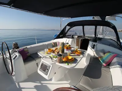 Cockpit of Lucky Dice, a Beneteau Cyclades 50.5 sailboat at Athens, Greece