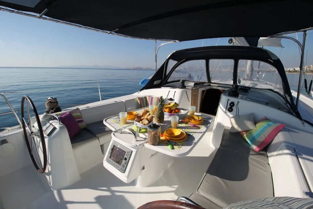 Cockpit of Lucky Dice, a Beneteau Cyclades 50.5 sailboat at Athens, Greece