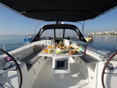 Cockpit of Lucky Dice, a Beneteau Cyclades 50.5 sailboat at Athens, Greece