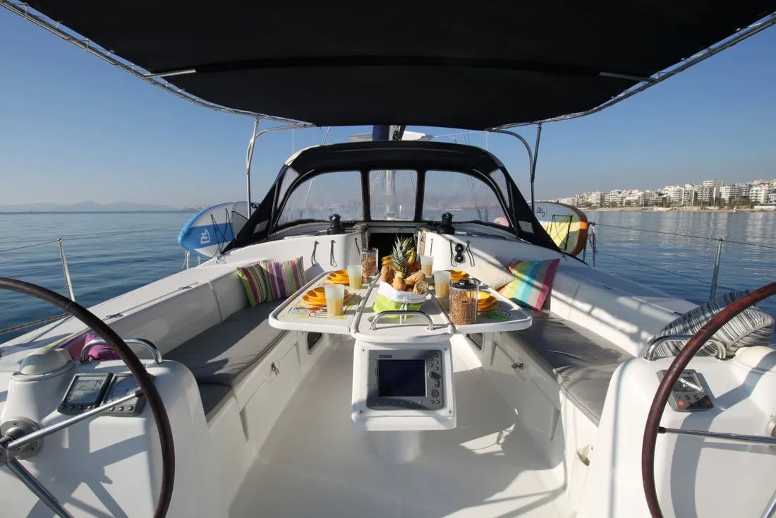 Cockpit of Lucky Dice, a Beneteau Cyclades 50.5 sailboat at Athens, Greece
