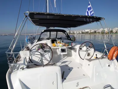 Cockpit of Lucky Dice, a Beneteau Cyclades 50.5 sailboat at Athens, Greece