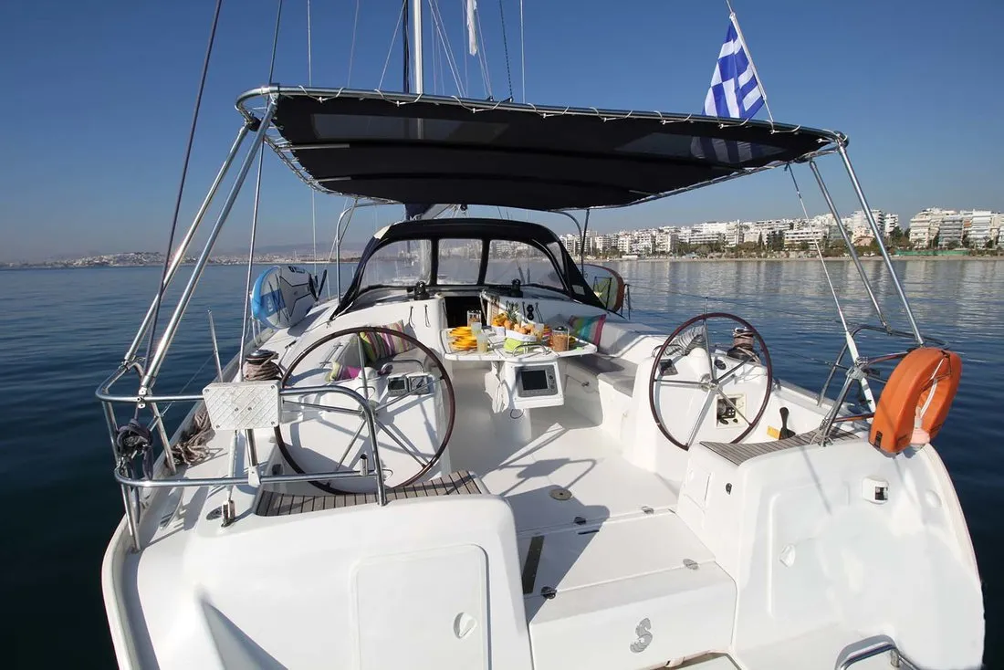 Cockpit of Lucky Dice, a Beneteau Cyclades 50.5 sailboat at Athens, Greece