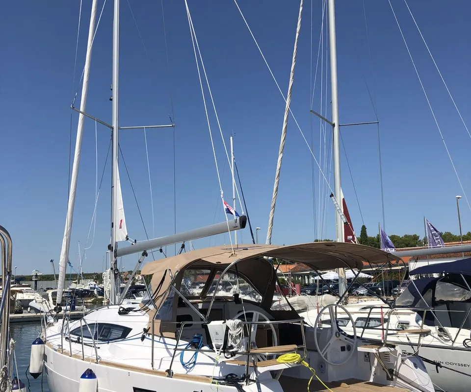 Exterior view of Pasithea, a Elan Impression 40 sailboat at Primošten, Croatia