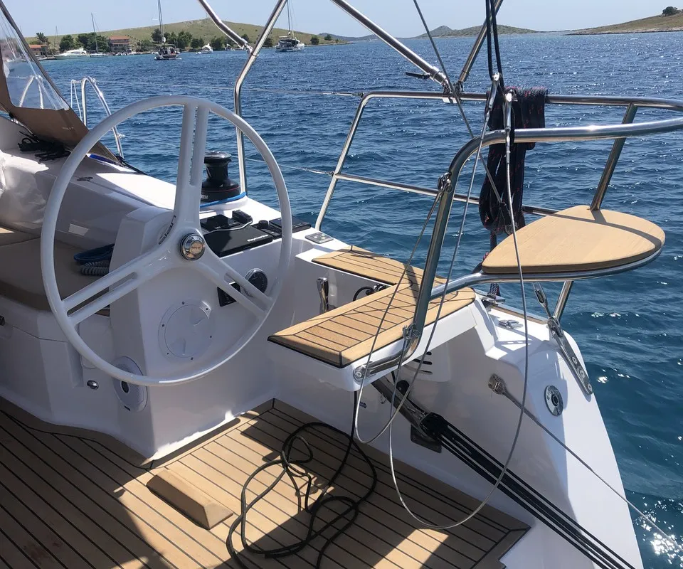 Cockpit of Pasithea, a Elan Impression 40 sailboat at Primošten, Croatia