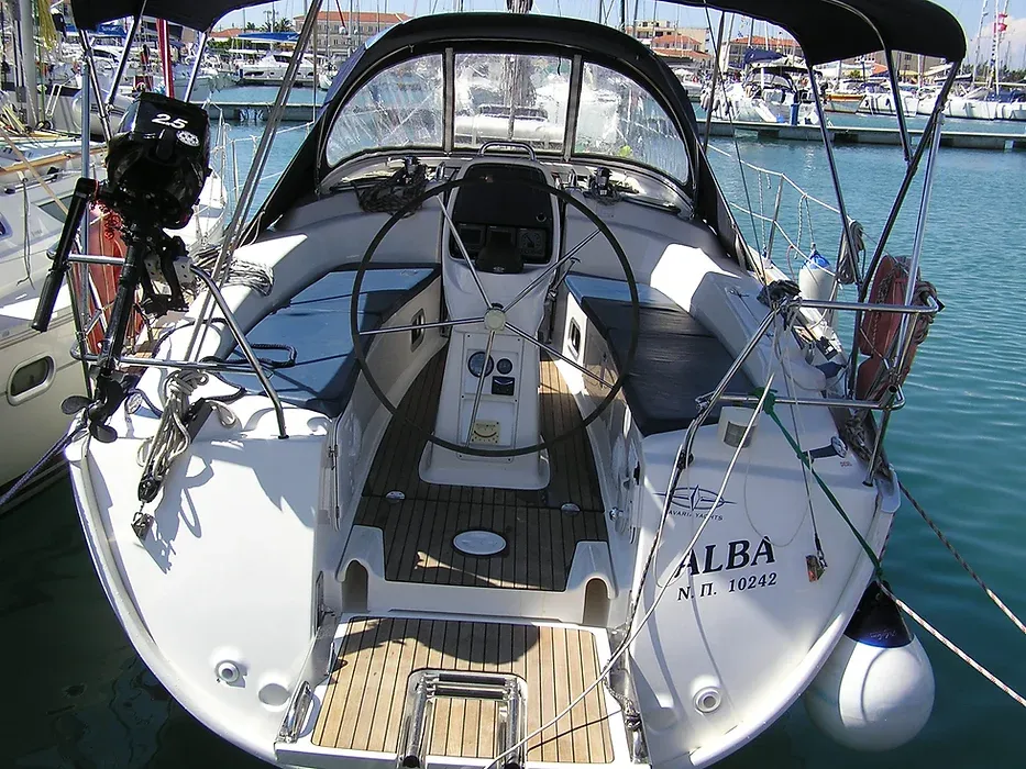 Exterior view of Alba, a Bavaria 35 Cruiser sailboat at Municipal Unit of Lefkada, Greece