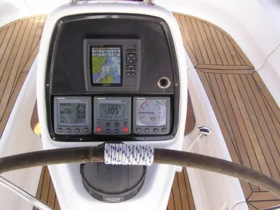 Cockpit of Alba, a Bavaria 35 Cruiser sailboat at Municipal Unit of Lefkada, Greece
