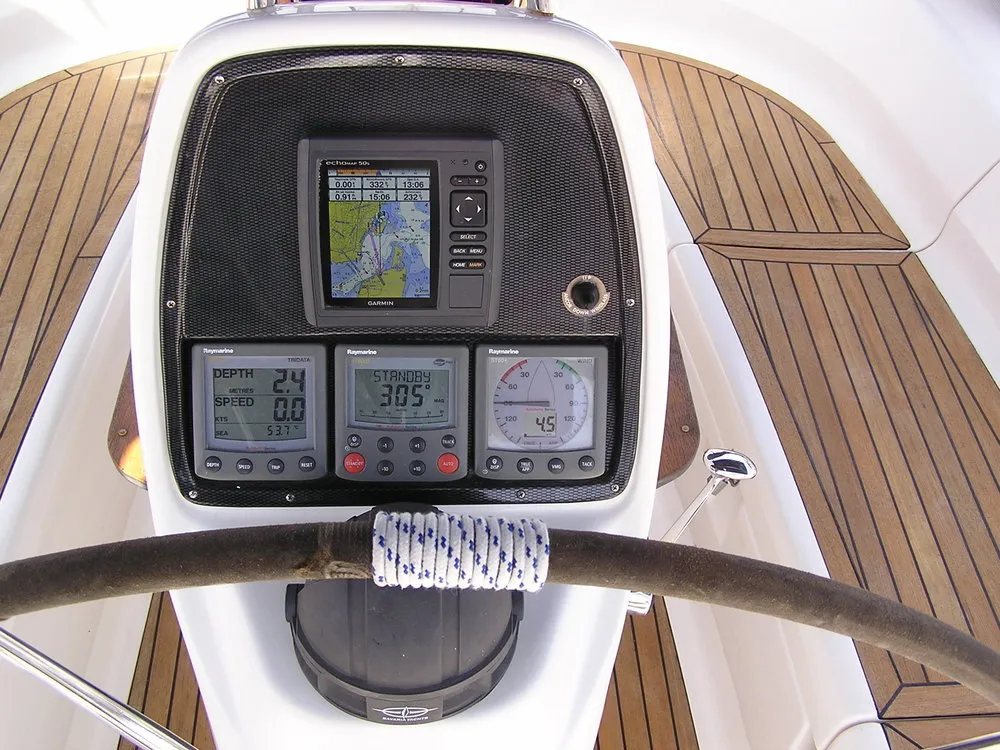 Cockpit of Alba, a Bavaria 35 Cruiser sailboat at Municipal Unit of Lefkada, Greece