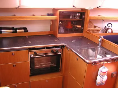 Galley of Alba, a Bavaria 35 Cruiser sailboat at Municipal Unit of Lefkada, Greece