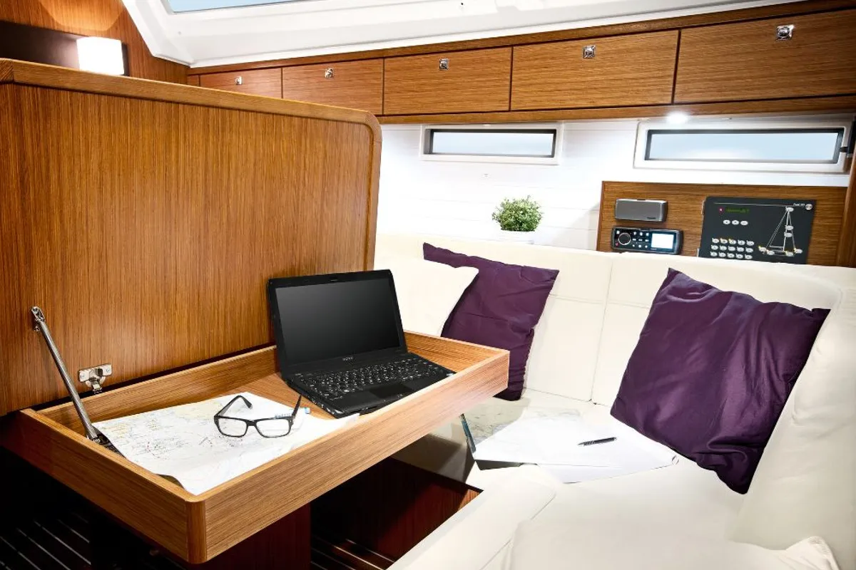 Salon of First Step, a Bavaria Cruiser 46 sailboat at Bodrum, Turkey