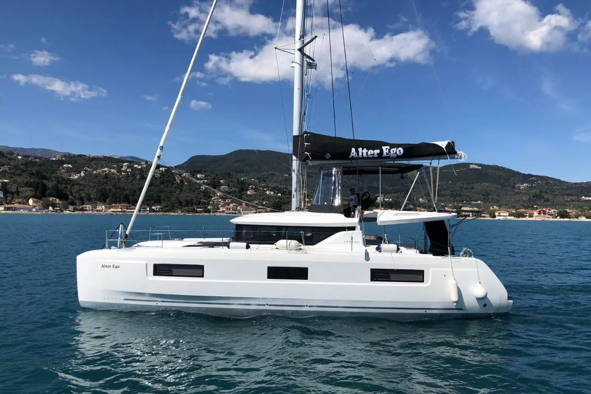 Exterior view of Alter Ego, a Lagoon 46 catamaran at Municipal Unit of Lefkada, Greece