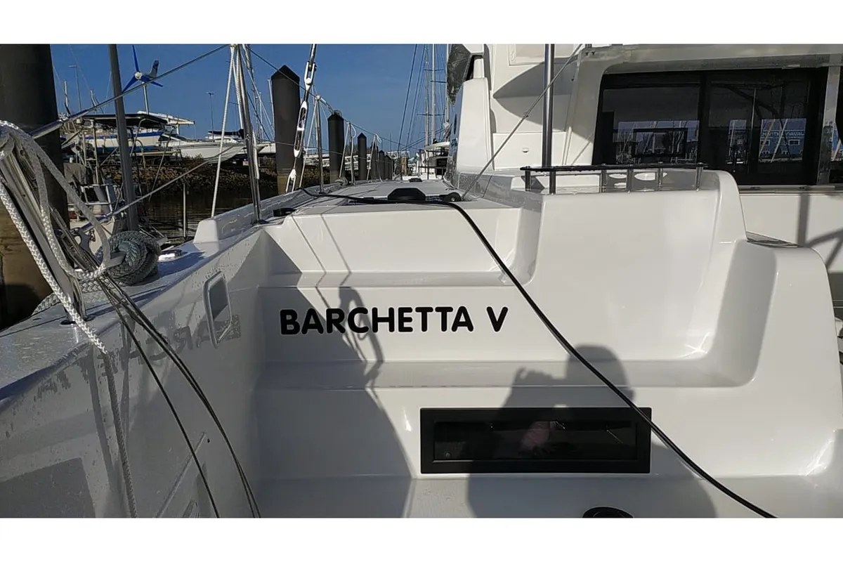 Exterior view of Barchetta V, a Lagoon 46 catamaran at Preveza, Greece