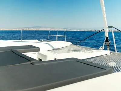 Deck of Barchetta V, a Lagoon 46 catamaran at Preveza, Greece
