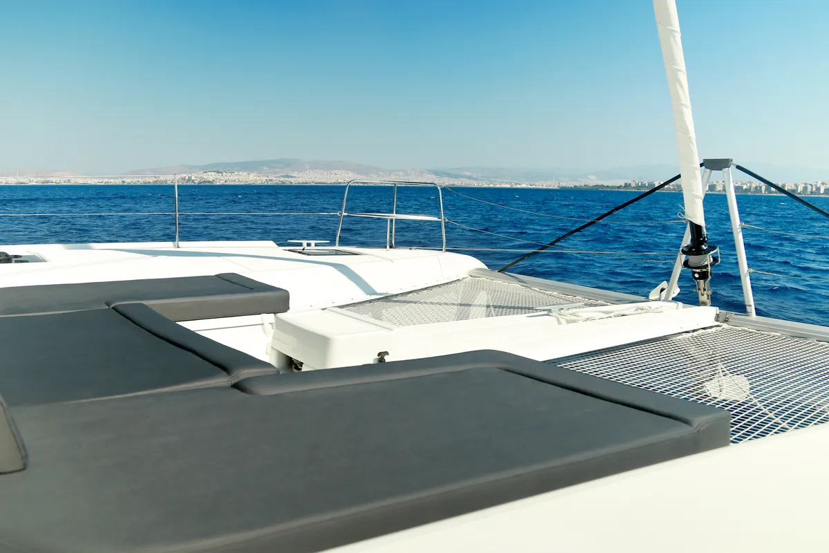 Deck of Barchetta V, a Lagoon 46 catamaran at Preveza, Greece