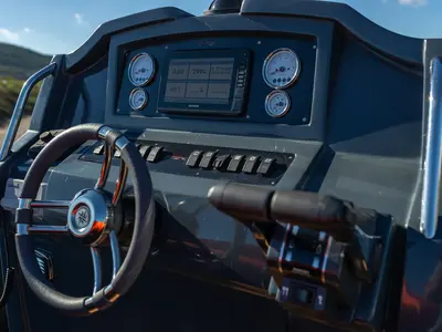 Cockpit of Viviana, a Gulet Panamera PY90 motorboat at Lavreotiki, Greece