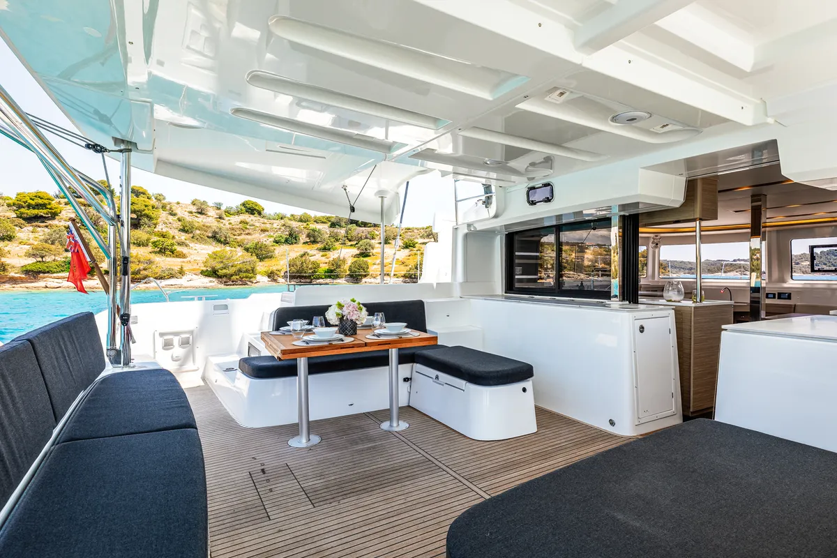 Deck of BALLO, a Lagoon 46 catamaran at Kontokali, Greece
