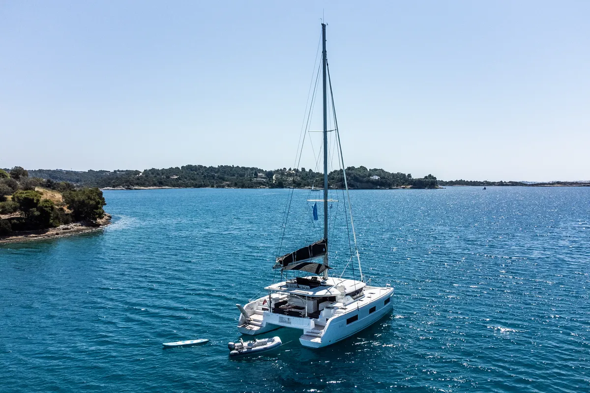 Exterior view of BALLO, a Lagoon 46 catamaran at Kontokali, Greece